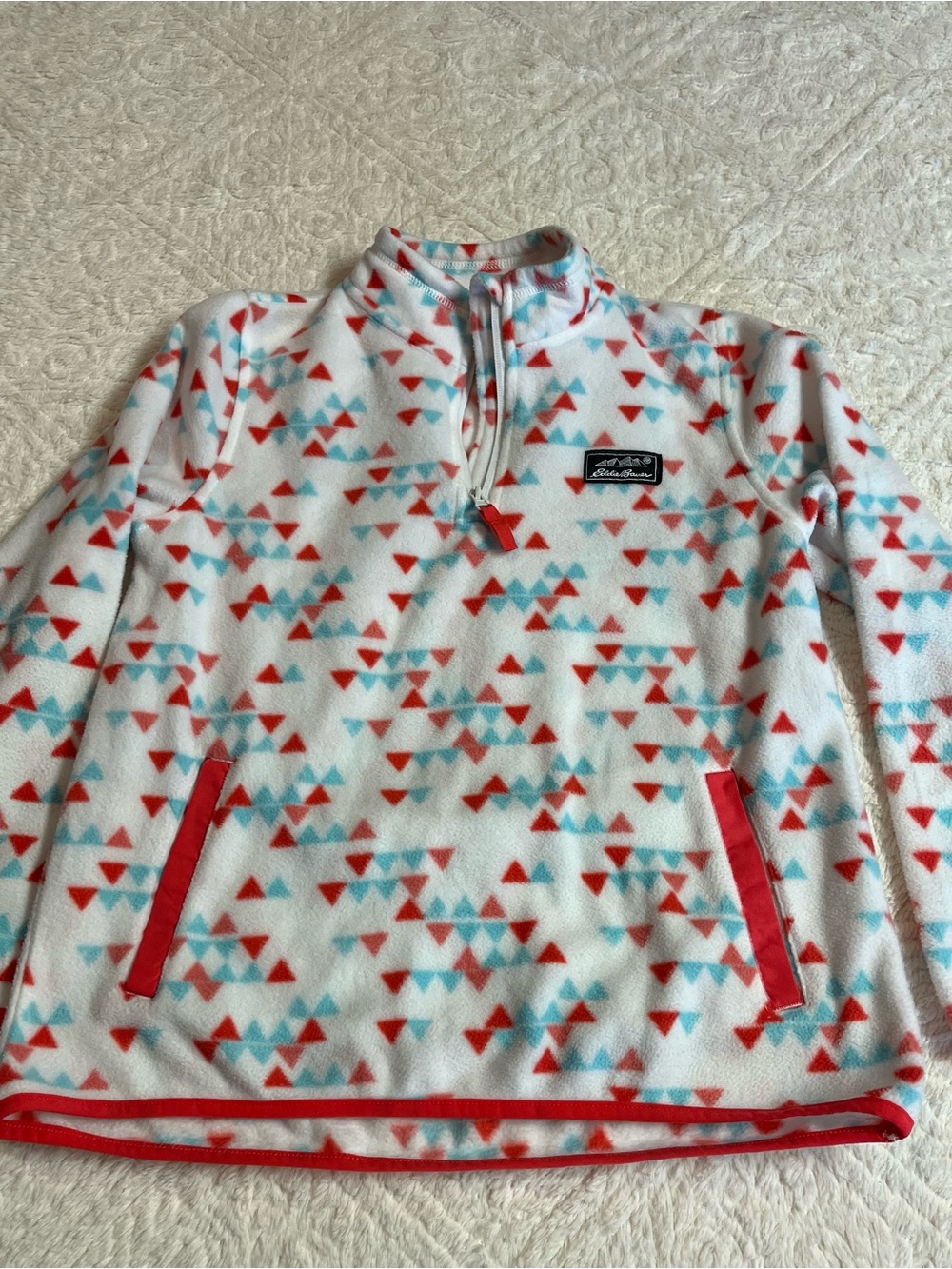 Eddie Bauer White Fleece Pullover with Coral and Aqua Triangle Print